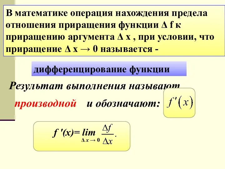 В математике операция нахождения предела отношения приращения функции Δ f к приращению
