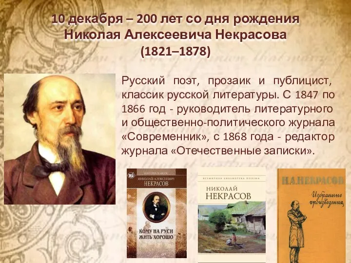 10 декабря – 200 лет со дня рождения Николая Алексеевича Некрасова (1821–1878)