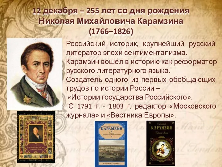 12 декабря – 255 лет со дня рождения Николая Михайловича Карамзина (1766–1826)