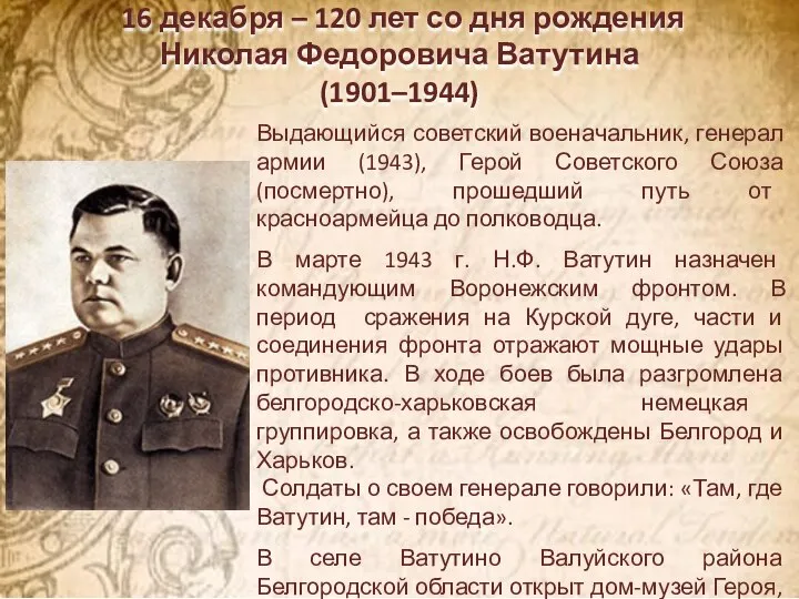 16 декабря – 120 лет со дня рождения Николая Федоровича Ватутина (1901–1944)