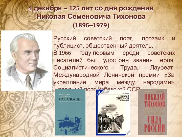 4 декабря – 125 лет со дня рождения Николая Семеновича Тихонова (1896–1979)