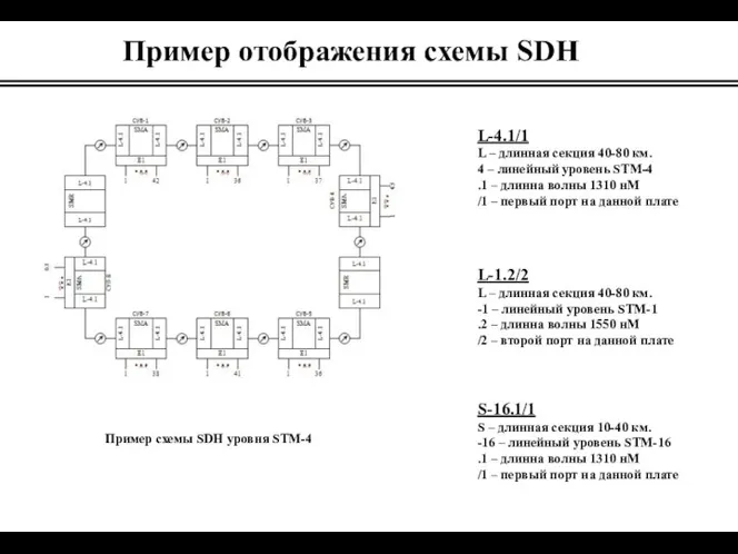 Пример отображения схемы SDH Пример схемы SDH уровня STM-4 L-4.1/1 L –