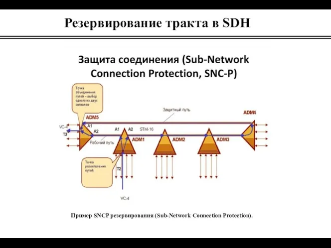 Резервирование тракта в SDH Пример SNCP резервирования (Sub-Network Connection Protection).