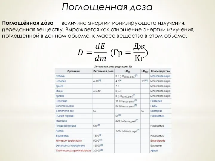 Поглощённая до́за — величина энергии ионизирующего излучения, переданная веществу. Выражается как отношение