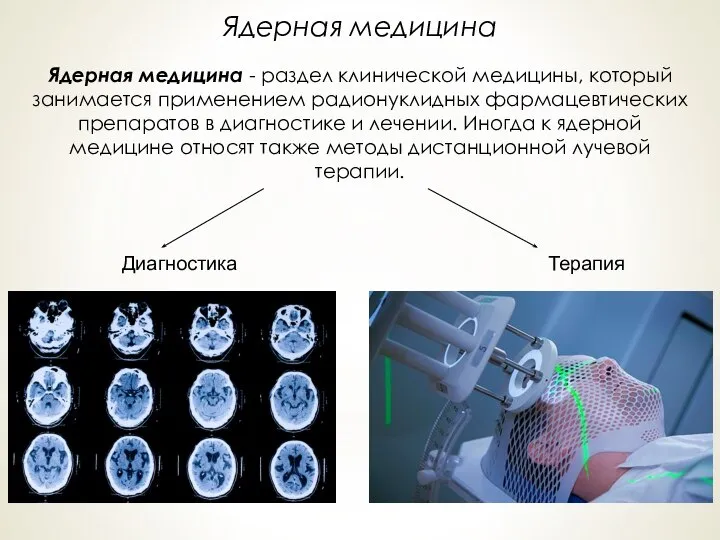 Ядерная медицина Ядерная медицина - раздел клинической медицины, который занимается применением радионуклидных