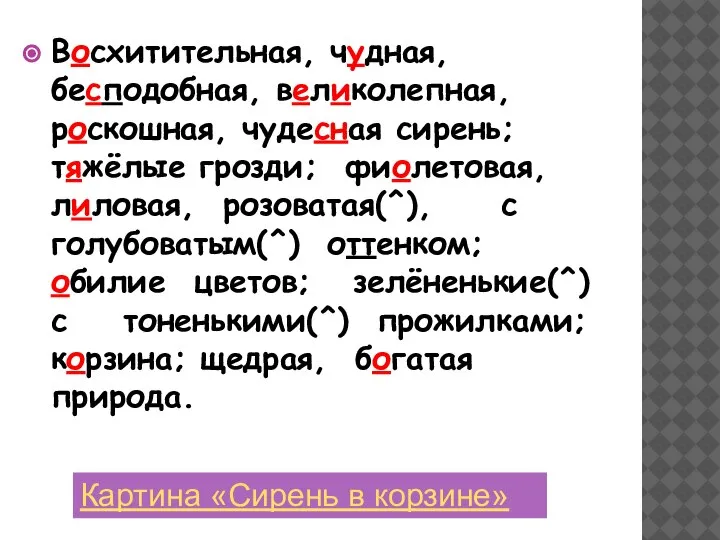 Восхитительная, чудная, бесподобная, великолепная, роскошная, чудесная сирень; тяжёлые грозди; фиолетовая, лиловая, розоватая(^),