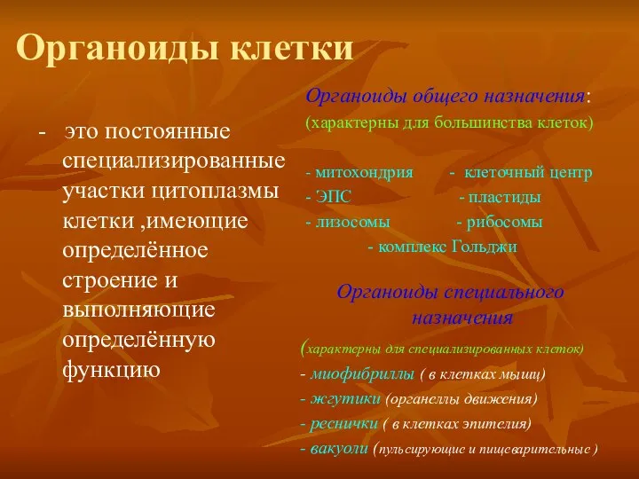 Органоиды клетки - это постоянные специализированные участки цитоплазмы клетки ,имеющие определённое строение