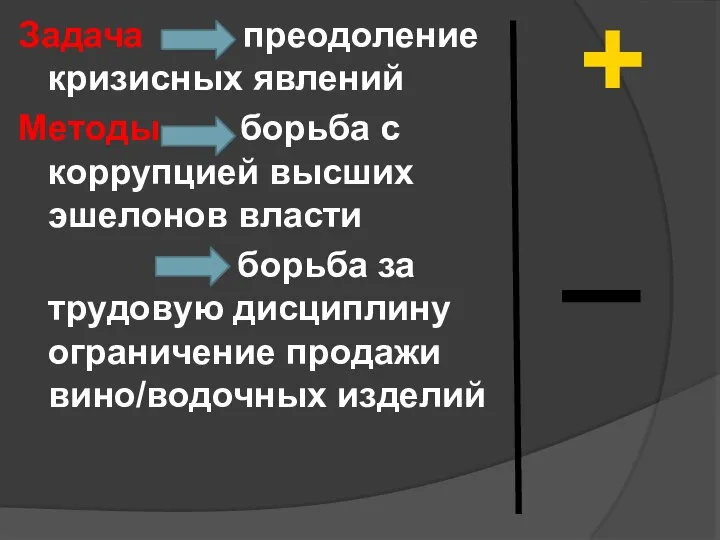 Задача преодоление кризисных явлений Методы борьба с коррупцией высших эшелонов власти борьба