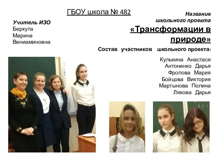 ГБОУ школа № 482 Учитель ИЗО Беркута Марина Вениаминовна Название школьного проекта