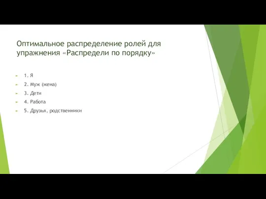 Оптимальное распределение ролей для упражнения «Распредели по порядку» 1. Я 2. Муж