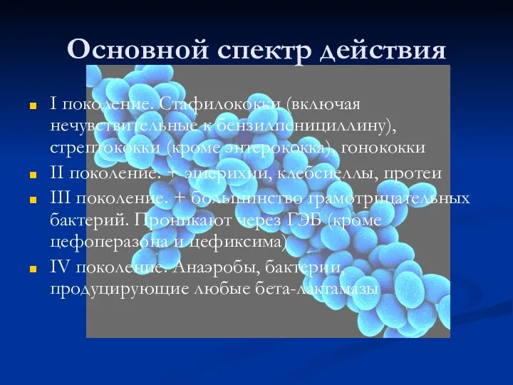 Основной спектр действия I поколение. Стафилококки (включая нечувствительные к бензилпенициллину), стрептококки (кроме