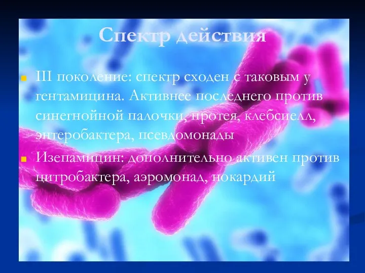 Спектр действия III поколение: спектр сходен с таковым у гентамицина. Активнее последнего