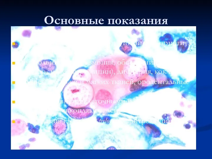Основные показания Стрептококковые инфекции (тонзиллофарингит, рожа, скарлатина) Внебольничная пневмония, обострение бронхита (азитро-