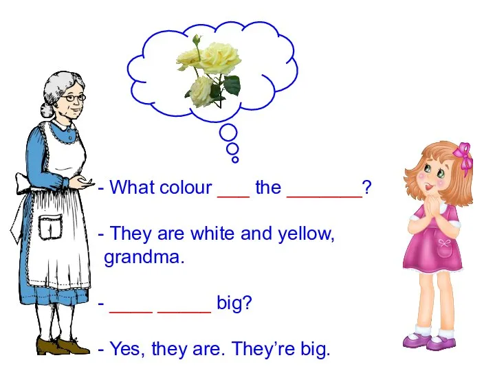 What colour ___ the _______? They are white and yellow, grandma. ____