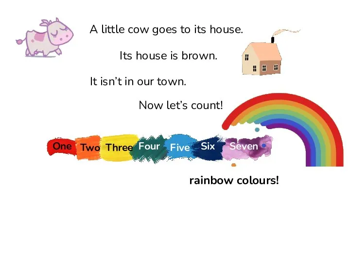 A little cow goes to its house. Its house is brown. It