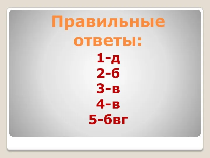 Правильные ответы: 1-д 2-б 3-в 4-в 5-бвг