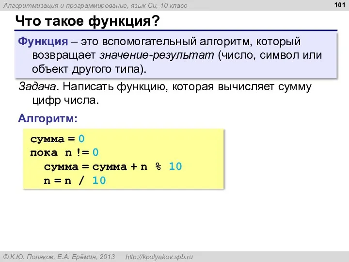 Что такое функция? Функция – это вспомогательный алгоритм, который возвращает значение-результат (число,