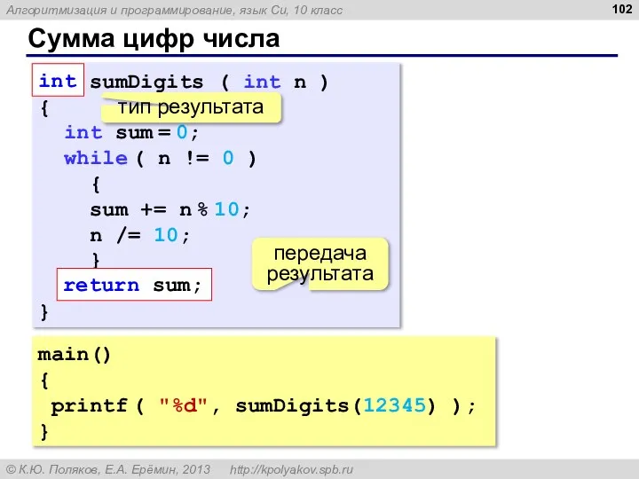 Сумма цифр числа main() { printf ( "%d", sumDigits(12345) ); } int