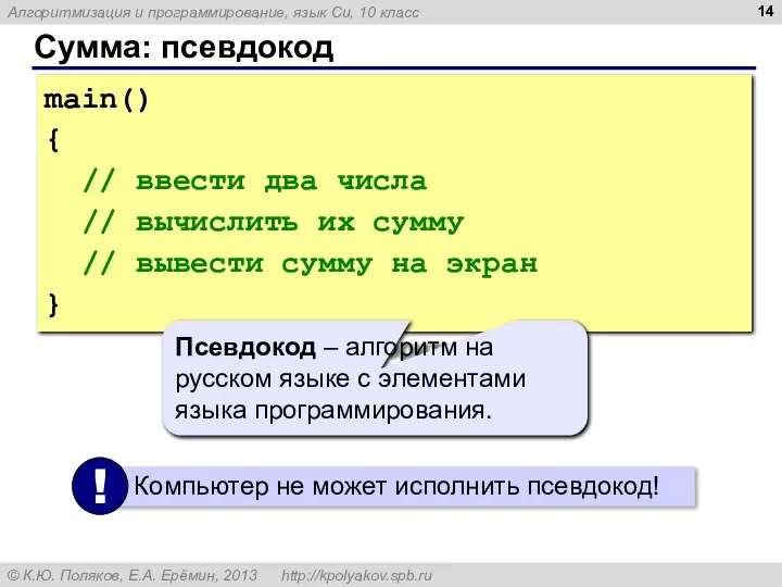 Сумма: псевдокод main() { // ввести два числа // вычислить их сумму