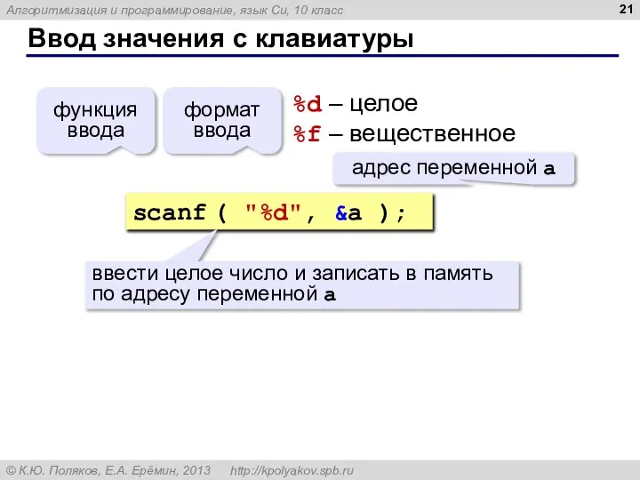 Ввод значения с клавиатуры scanf ( "%d", &a ); функция ввода формат