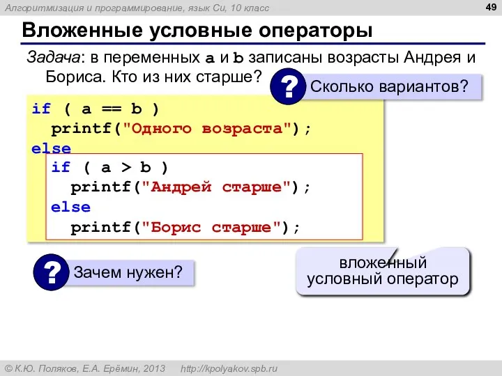 Вложенные условные операторы if ( a == b ) printf("Одного возраста"); else