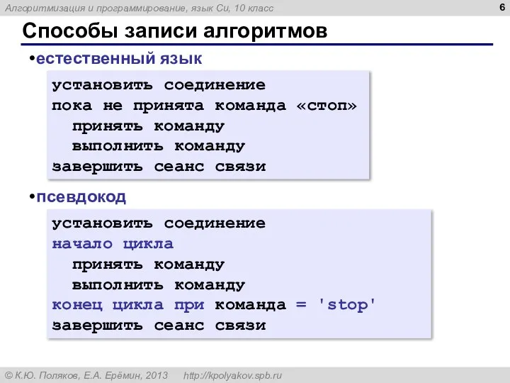 Способы записи алгоритмов естественный язык псевдокод установить соединение пока не принята команда