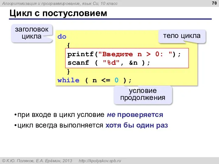 Цикл с постусловием do { } while ( n условие продолжения заголовок