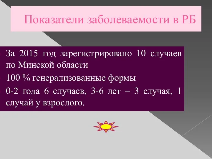 Показатели заболеваемости в РБ За 2015 год зарегистрировано 10 случаев по Минской