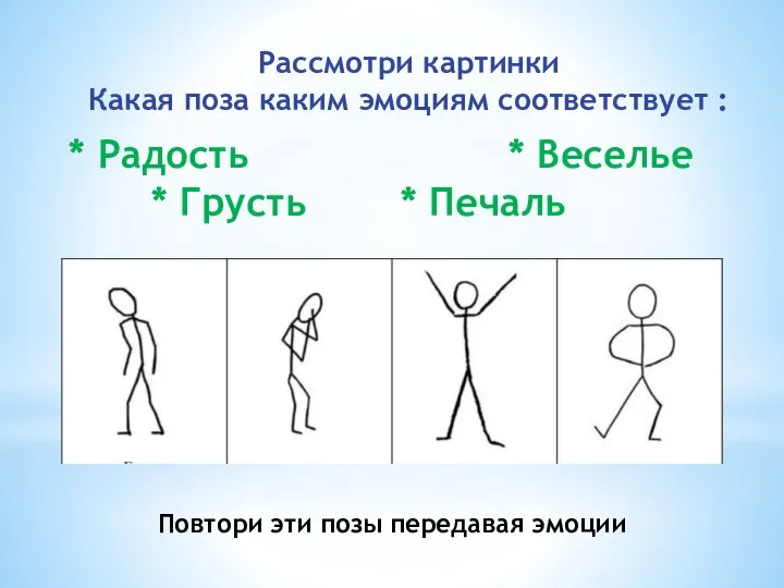 Рассмотри картинки Какая поза каким эмоциям соответствует : * Радость * Веселье