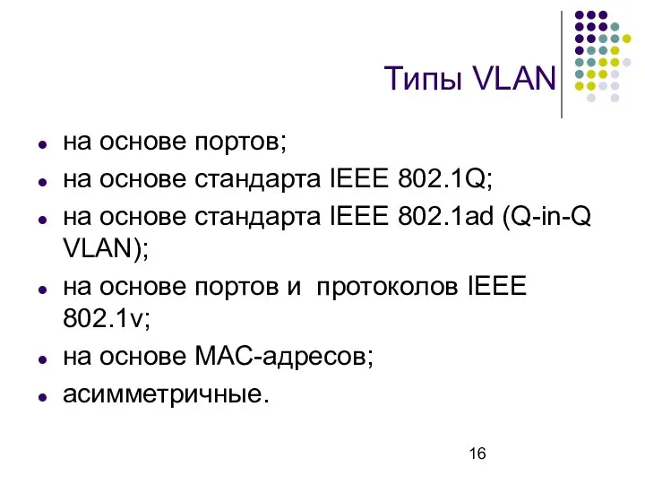Типы VLAN на основе портов; на основе стандарта IEEE 802.1Q; на основе