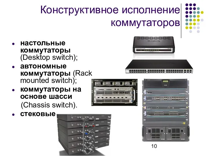 Конструктивное исполнение коммутаторов настольные коммутаторы (Desktop switch); автономные коммутаторы (Rack mounted switch);