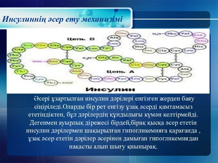 Инсулиннің әсер ету механизімі Әсері ұзартылған инсулин дәрілері енгізген жерден баяу сіңіріледі.Оларды