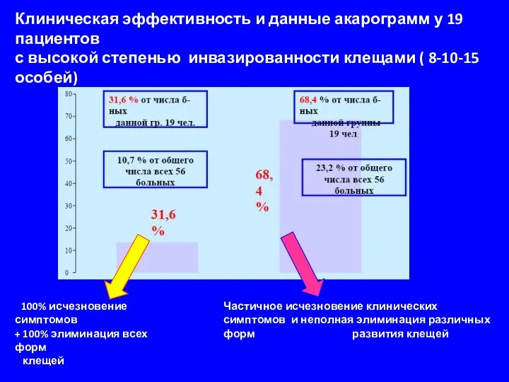 Клиническая эффективность и данные акарограмм у 19 пациентов с высокой степенью инвазированности