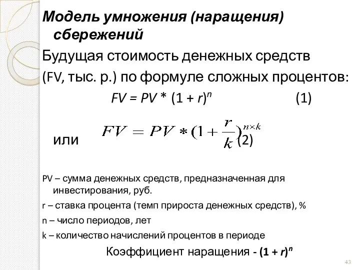 Модель умножения (наращения) сбережений Будущая стоимость денежных средств (FV, тыс. р.) по