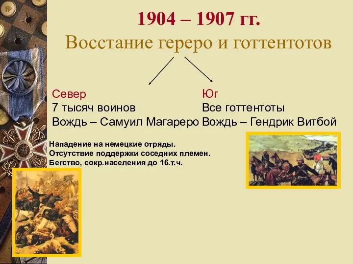 1904 – 1907 гг. Восстание гереро и готтентотов Север 7 тысяч воинов