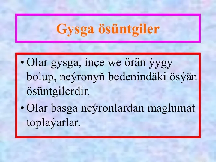 Gysga ösüntgiler Olar gysga, inçe we örän ýygy bolup, neýronyň bedenindäki ösýän