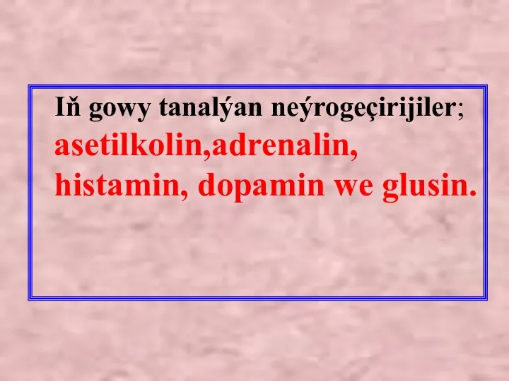 Iň gowy tanalýan neýrogeçirijiler; asetilkolin,adrenalin, histamin, dopamin we glusin.