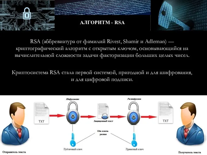 RSA (аббревиатура от фамилий Rivest, Shamir и Adleman) — криптографический алгоритм с