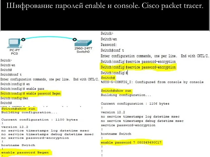 Шифрование паролей enable и console. Cisco packet tracer.