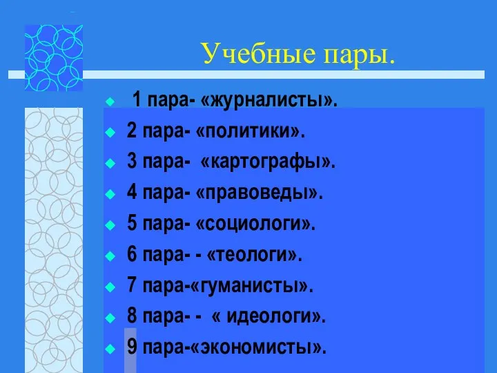 Учебные пары. 1 пара- «журналисты». 2 пара- «политики». 3 пара- «картографы». 4