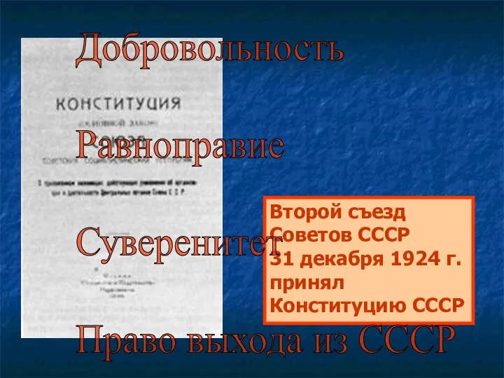Второй съезд Советов СССР 31 декабря 1924 г. принял Конституцию СССР Добровольность