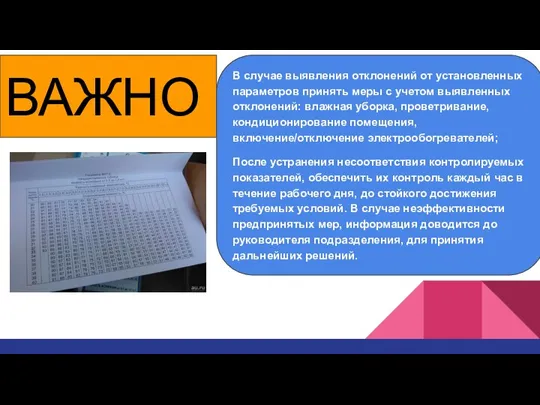 ВАЖНО В случае выявления отклонений от установленных параметров принять меры с учетом