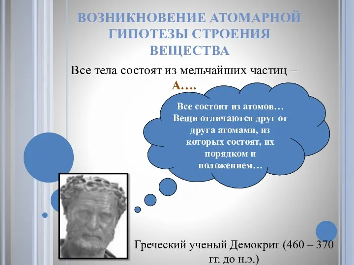 ВОЗНИКНОВЕНИЕ АТОМАРНОЙ ГИПОТЕЗЫ СТРОЕНИЯ ВЕЩЕСТВА Все тела состоят из мельчайших частиц –