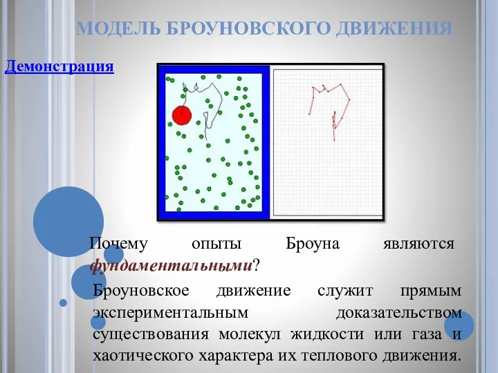 МОДЕЛЬ БРОУНОВСКОГО ДВИЖЕНИЯ Почему опыты Броуна являются фундаментальными? Броуновское движение служит прямым