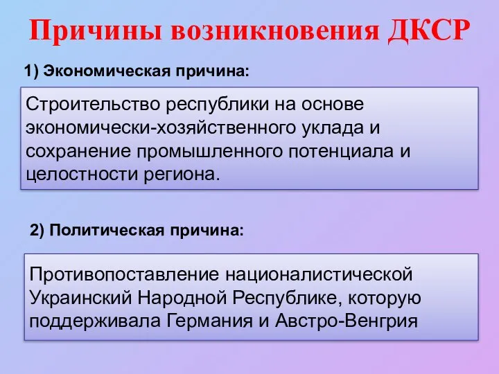 Причины возникновения ДКСР 1) Экономическая причина: 2) Политическая причина: Строительство республики на