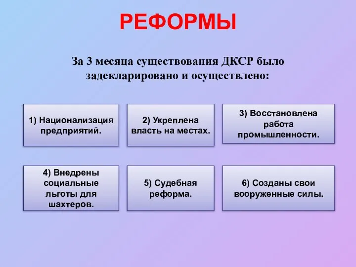 РЕФОРМЫ За 3 месяца существования ДКСР было задекларировано и осуществлено: 1) Национализация