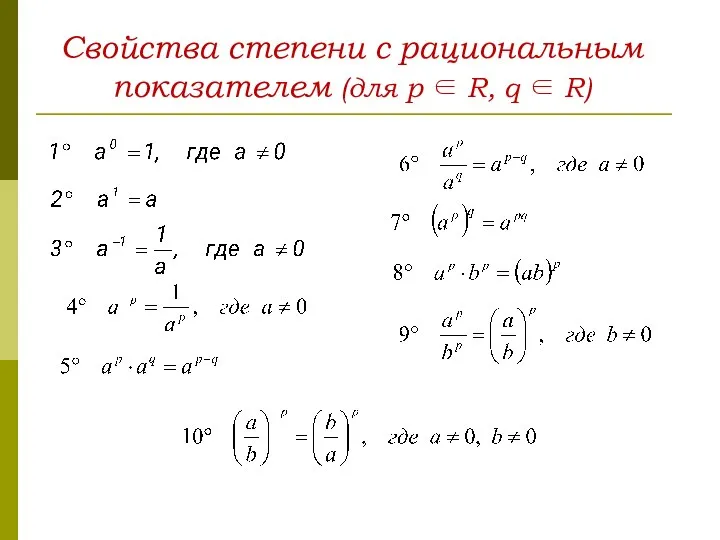 Свойства степени с рациональным показателем (для p ∈ R, q ∈ R)