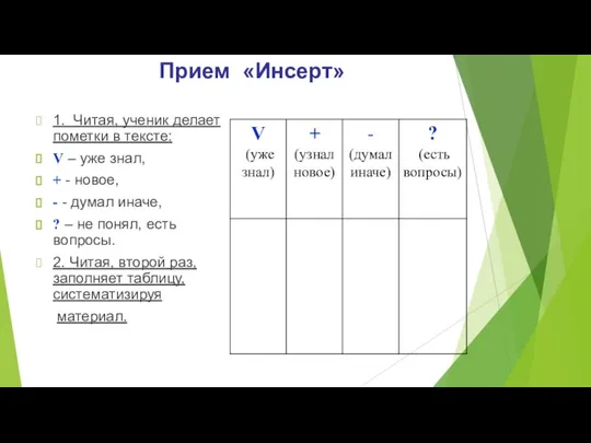 Прием «Инсерт» 1. Читая, ученик делает пометки в тексте: V – уже