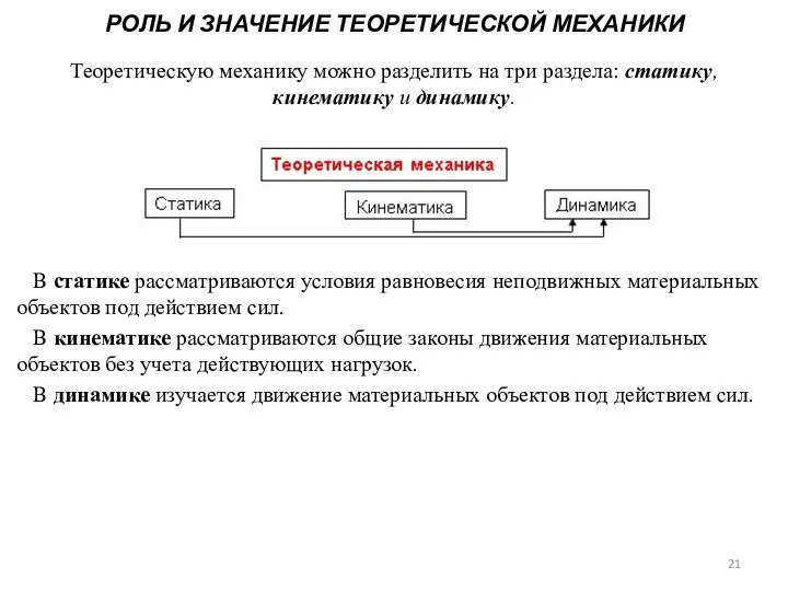 РОЛЬ И ЗНАЧЕНИЕ ТЕОРЕТИЧЕСКОЙ МЕХАНИКИ Теоретическую механику можно разделить на три раздела: