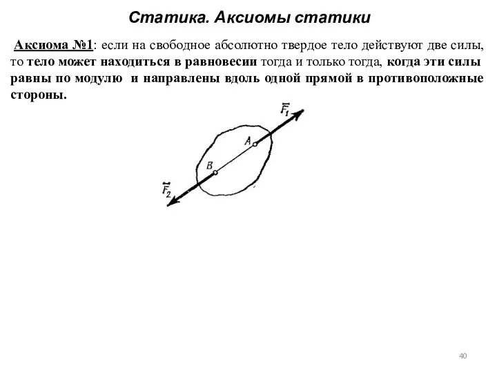 Статика. Аксиомы статики Аксиома №1: если на свободное абсолютно твердое тело действуют